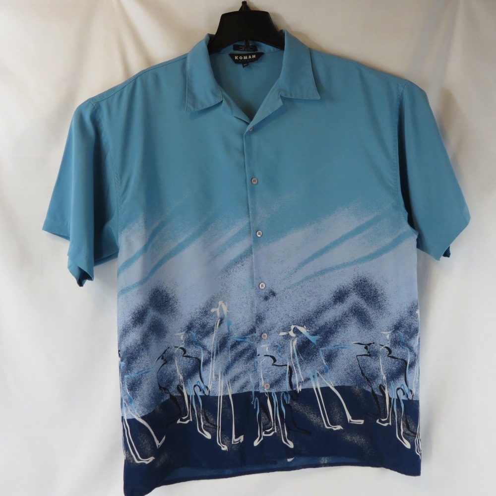 Vintage Koman Sport Mens XL Abstract Graphic Print Blue Hawaiian Button Up
